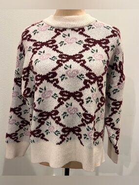 NWT Sincerely Jules Sweater, Cream and Burgundy floral pattern